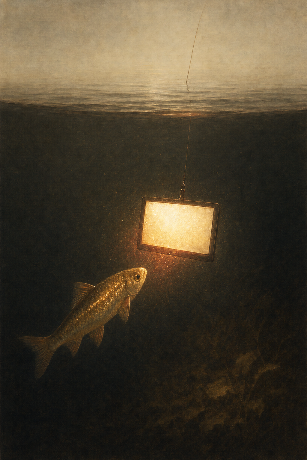Ein einzelner Fisch schwimmt unter Wasser auf einen hell leuchtenden, rechteckigen Bildschirm zu, der an einer dünnen Schnur von der Wasseroberfläche herabhängt. Darüber ein dämmriger Himmel. Gemalt in dunklen Brauntönen.