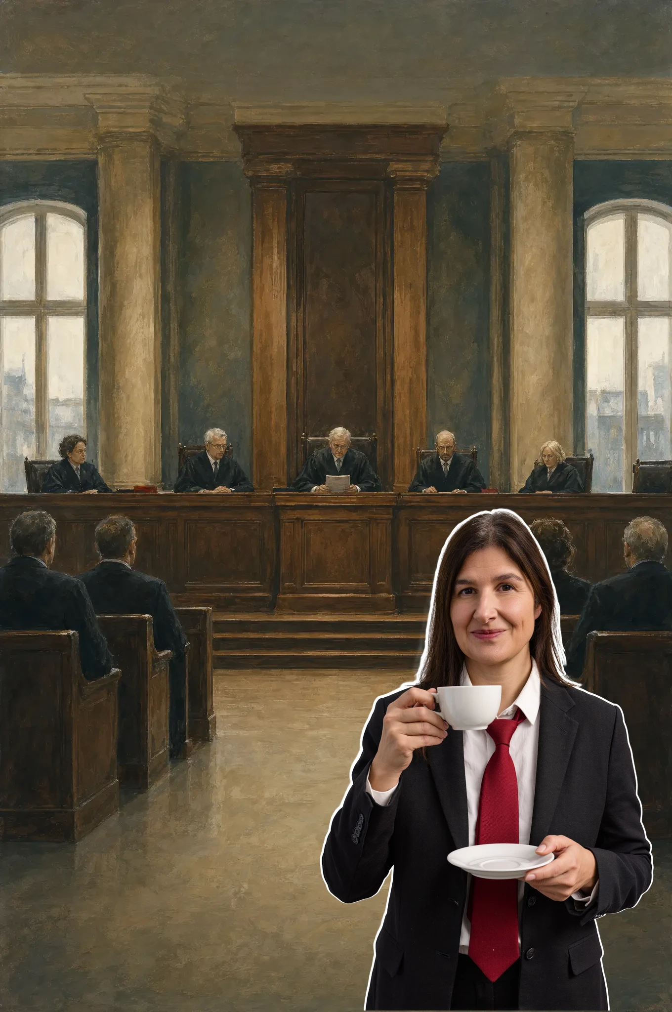 Fünf Richterinnen und Richter in dunklen Roben sitzen hinter einer erhöhten Holzbank eines Gerichtssaals, davor Zuhörer in Sitzreihen. Rechts im Vordergrund steht, deutlich näher und in fotorealistischem Stil, eine lächelnde Frau im dunklen Anzug mit weißem Hemd und roter Krawatte. Sie hält eine Kaffeetasse mit Untertasse in den Händen.