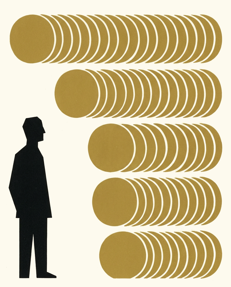 Flache Bildstatistik im Stil der Wiener Methode: Links steht die schwarze Silhouette eines Mannes im Anzug. Rechts daneben liegen fünf waagerechte Reihen aus goldenen Münzscheiben auf cremeweißem Grund. Die oberste Reihe ist am längsten, jede weitere wird kürzer und beginnt weiter rechts.