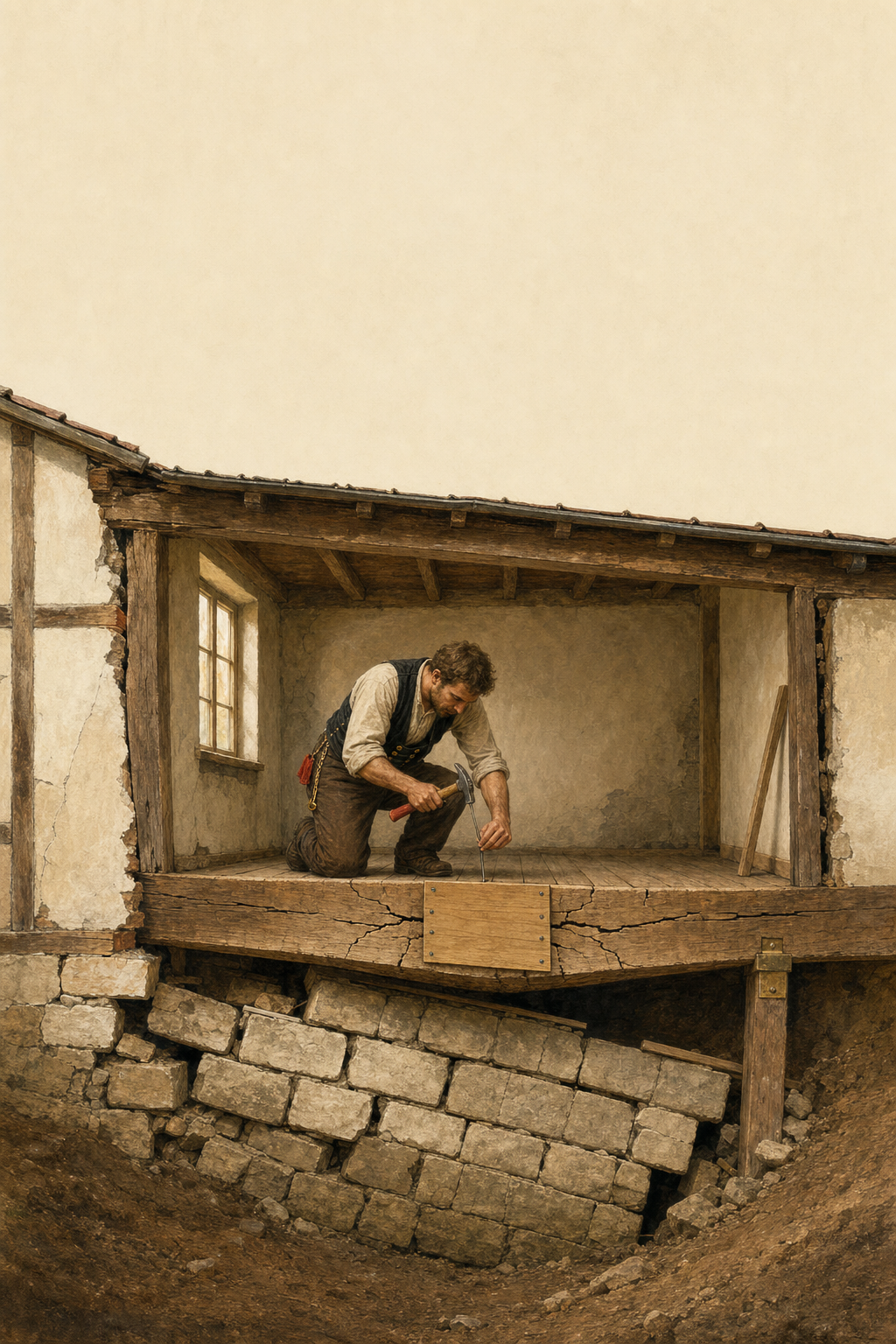 Ein Zimmermann nagelt einen Flicken auf einen morschen Balken, während das Fundament des Hauses sichtbar absackt.